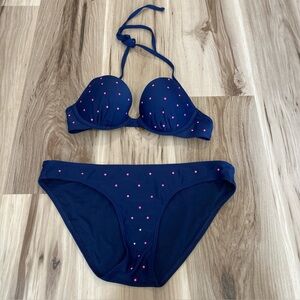 Aerie Two Piece Bikini Set Size 34B Top Medium Bottoms Polka Dot Navy Blue